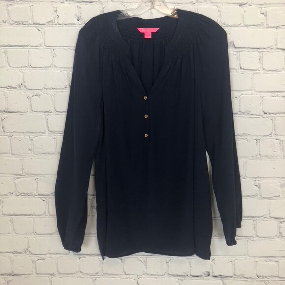 Lilly Pulitzer Navy Elsa Silk Blouse Size L - Picture 1 of 7